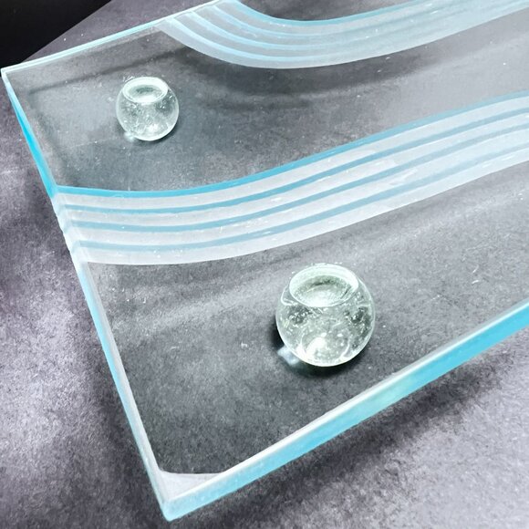Vtg Unique Concave Art Glass Serving Decor Tray Cut Etched Wavy Lines Ball Feet - Picture 3 of 8